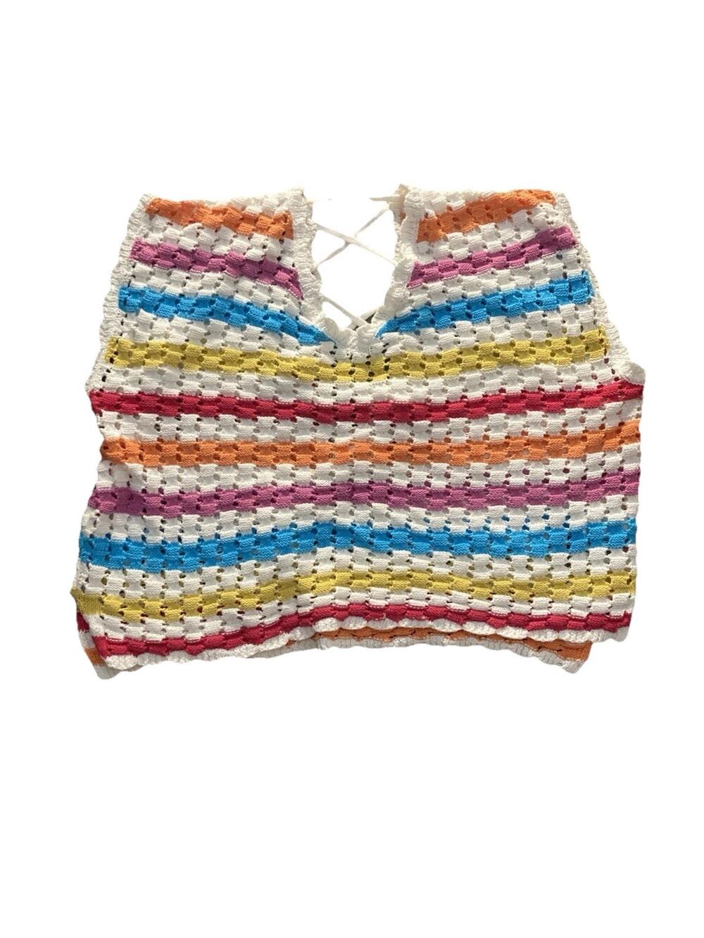 Pants Store Multicolor Striped Knitted Crochet Top Size Medium Strap Back Tie